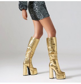 Women jazz dance shoes gold silver shiny music festival party carnival stage performance boots chunky heels long zipper nightclub bar shoes